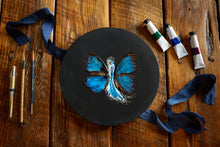 Load image into Gallery viewer, Morpho wing artwork with acrylic paint and watercolor paint and gold leaf on oak background