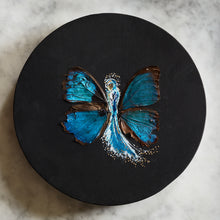 Load image into Gallery viewer, Morpho wing artwork with acrylic paint and watercolor paint and gold leaf on marble background