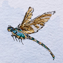 Load image into Gallery viewer, Close up image of one of a kind artwork incorporating found dragonfly wing, gold leaf, watercolor paint, ink on archival cold press 5x7 watercolor paper