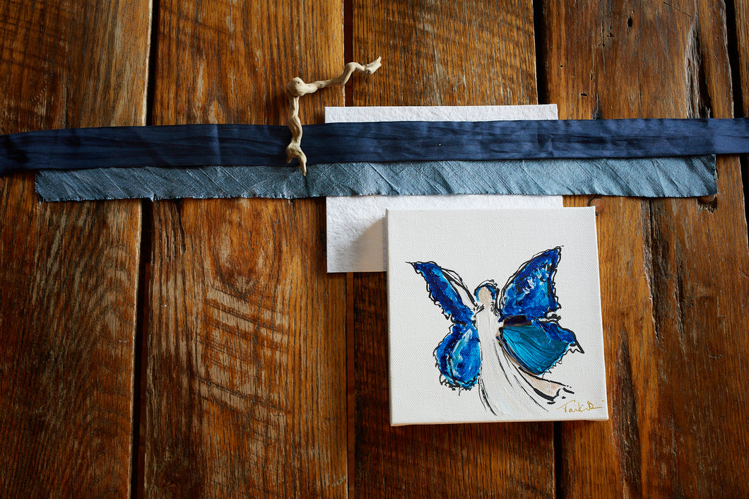 One of a kind Morpho Angel painting on aged oak background with silk ribbons and driftwood