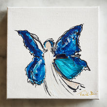 Load image into Gallery viewer, Unique Morpho Angel painting featuring morpho wing, acrylic paint and gold leaf.
