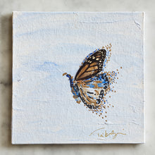 Load image into Gallery viewer, Monarch butterfly wing tatter and painted hind wing featuring acrylic paint and gold leaf on canvas.
