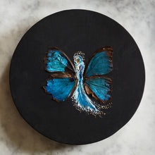 Load image into Gallery viewer, Morpho wing artwork with acrylic paint and watercolor paint and gold leaf on marble background
