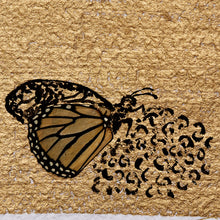 Load image into Gallery viewer, close up image of found butterfly wing (Monarch/ Lepideroptera / Danaus plexippus), ink, acrylic paint, and gold leaf on 5x7 cold press watercolor paper
